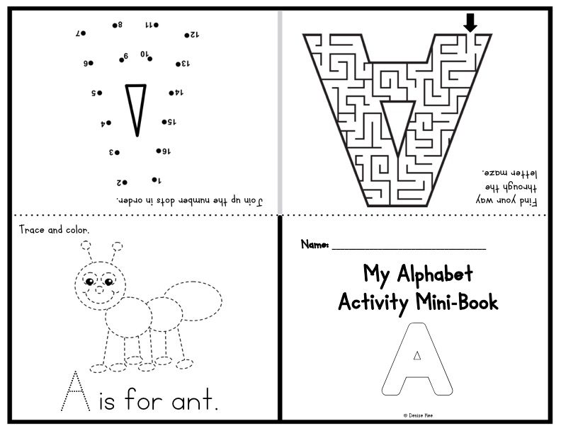 In these foldable alphabet activity mini-books, you get four independent letter recognition and formation practice activities - coloring the letter, tracing letters a-z, dot to dot alphabet letters and printable letter shaped mazes. These could be completed over the course of each week as you teach each letter, or completed on the final day as a way of bringing together everything that the student has learned about the uppercase and lowercase versions of each letter.